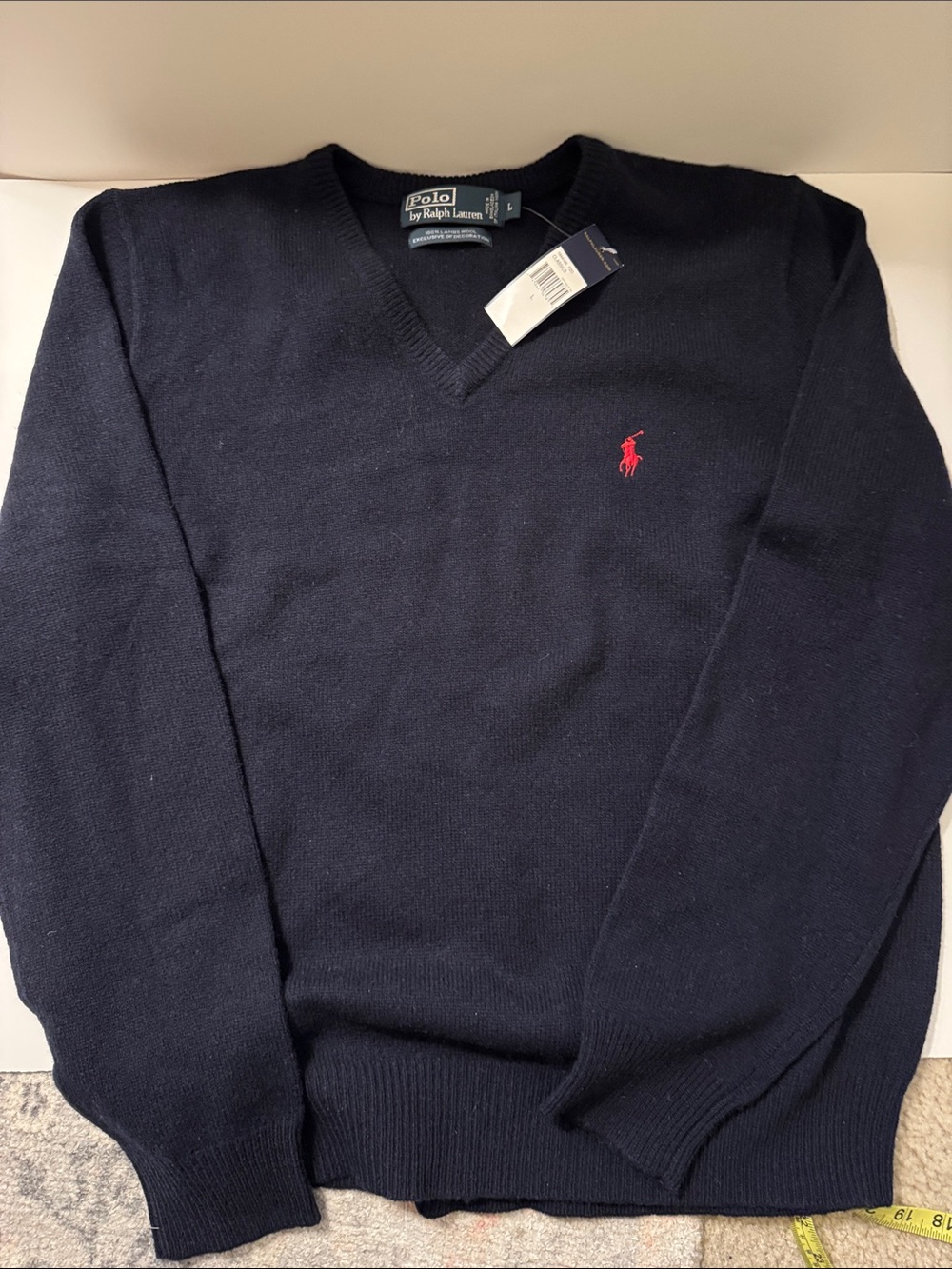 Vintage POLO Ralph Lauren Mens L 100% Lambs Wool Sweater Pullover V-Neck Navy,